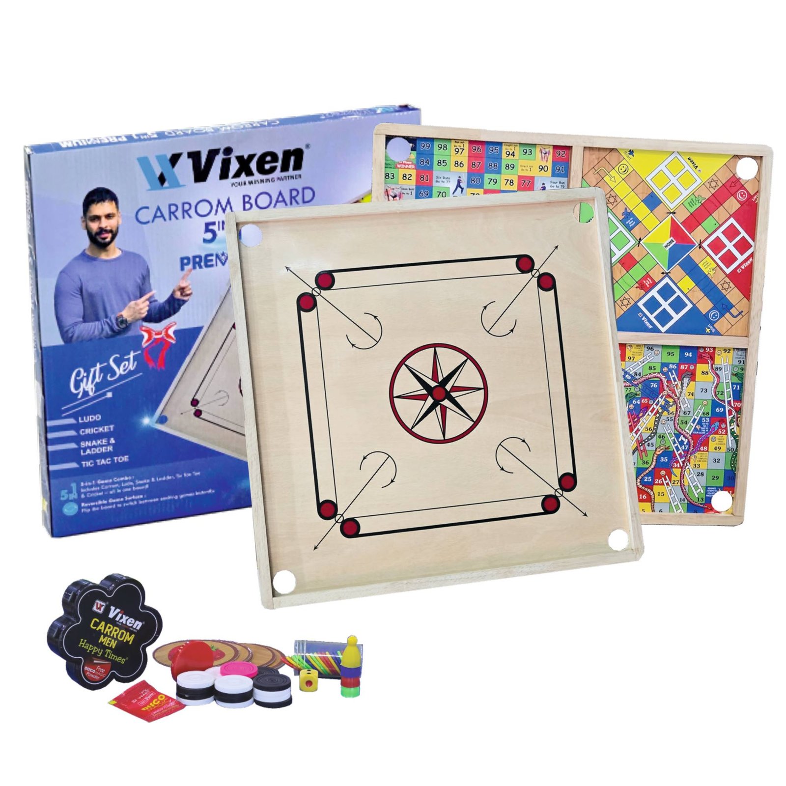 VIXEN CARROM BOARD 5 IN 1 PREMIUM 23" × 23"